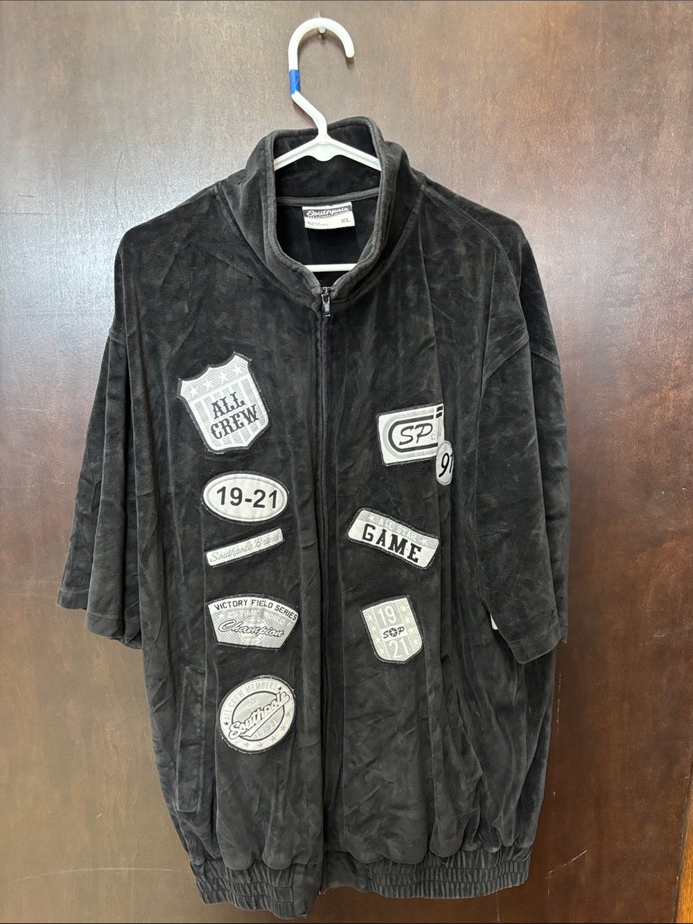 Men's Black Velour Zip Bomber Jacket with Patch Details